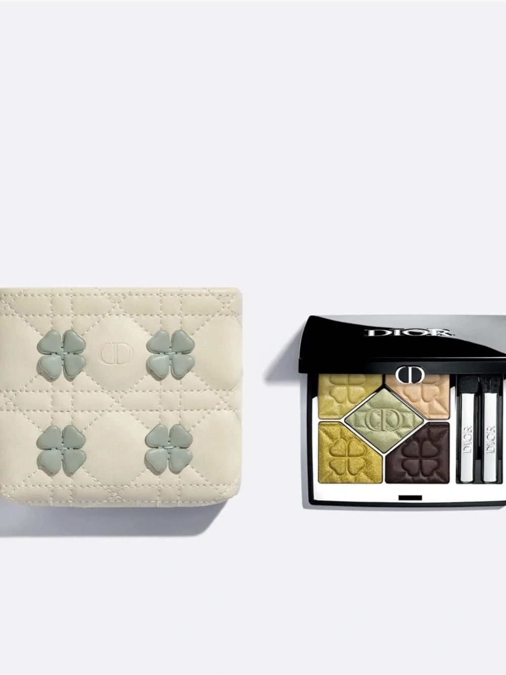 Dior Cream Quilted Mini Wallet with Green Clover Appliqués